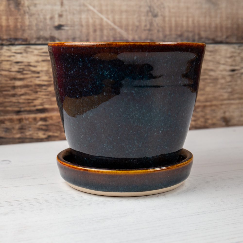 Amber Blue Stoneware Flower Pot