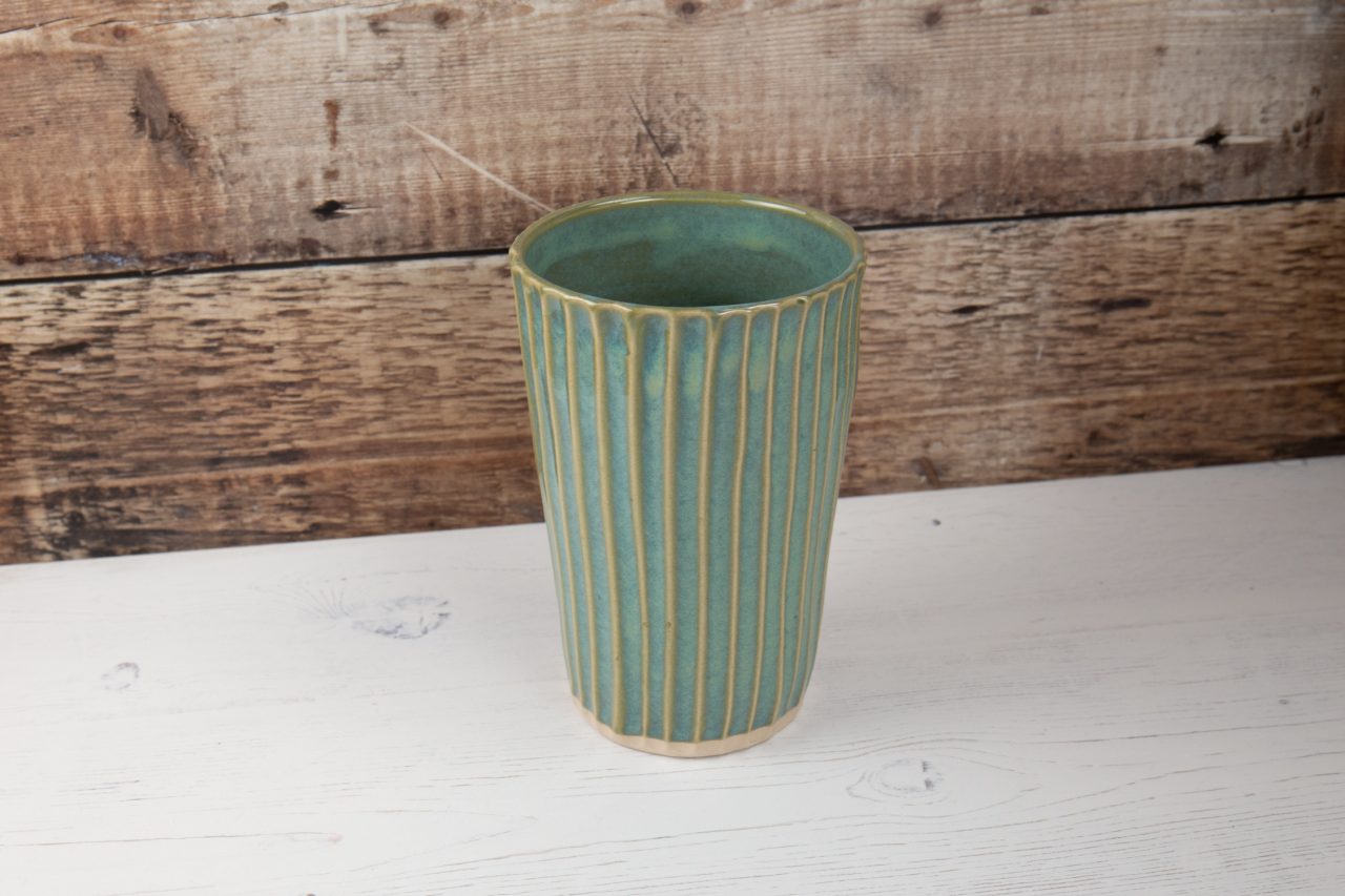 Vase - Sea Mist Green Stoneware Flower Vase Carved Lines