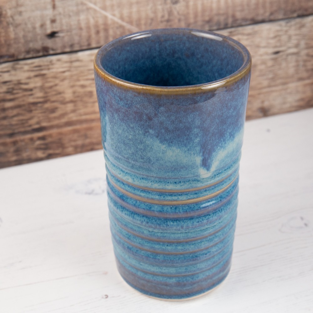 Denim Blue Stoneware Flower Vase Carved Texture